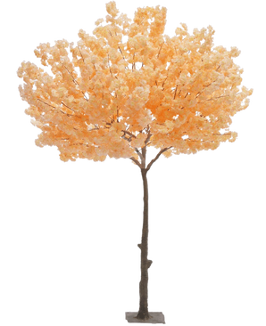 Albero artificiale Cherry Blossom Peach 270 cm con tronco marrone e numerosi fiori morbidi color pesca, eretti su base rettangolare su sfondo bianco.