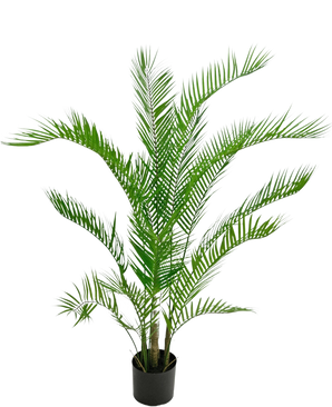 La pianta artificiale Chamaedorea 120 cm è una palma artificiale con foglie verdi lunghe e sottili in un vaso rotondo nero, su uno sfondo bianco a tinta unita.