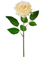 La rosa artificiale "Emine" Real Touch giallo/crema (43 cm) è composta da un'unica rosa artificiale giallo chiaro con più foglie verdi su un lungo stelo, isolata su uno sfondo bianco.