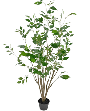 La pianta artificiale Ficus 120 cm è una pianta artificiale alta in vaso con molteplici steli marroni sottili e foglie verdi lussureggianti, in un vaso nero compatto su uno sfondo bianco semplice.