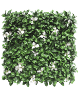 La Siepe Artificiale Gardenia con fiore bianco 50x50 cm UV è un pannello quadrato con fitte foglie verdi e fiori bianchi sparsi su sfondo bianco.