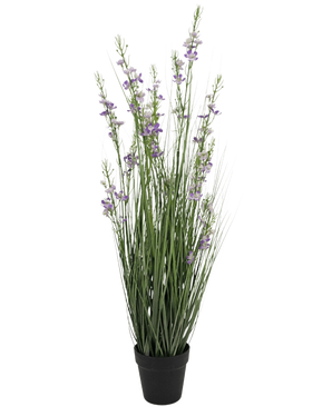 Un vaso per erba artificiale con erba miglio e cipolla alto 90 cm e resistente al marchio, con erba artificiale in un elegante vaso nero.