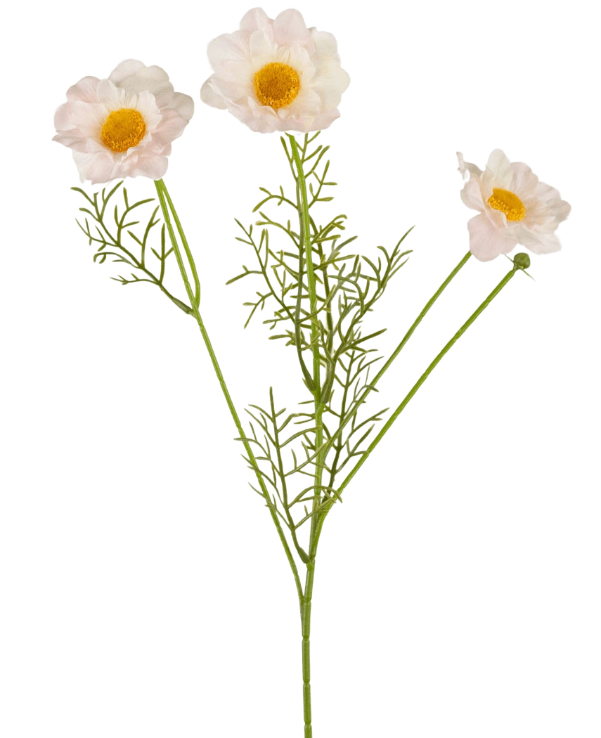 Il collare per rose artificiali Real Touch bianco/rosa da 50 cm ha tre fiori artificiali rosa chiaro e bianchi con centri gialli e delicate foglie verdi su steli lunghi, splendidamente esposti su un semplice sfondo bianco.