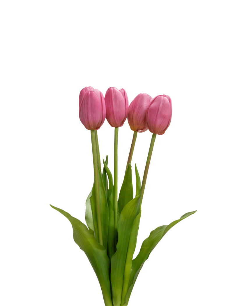 Il bouquet di tulipani artificiali Real Touch Purple da 40 cm contiene quattro tulipani viola con foglie e steli verdi realistici, che stanno in piedi su uno sfondo bianco a tinta unita.
