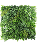 La siepe artificiale Freshness 100x100 cm UV è un pannello quadrato densamente ricoperto di varie foglie verdi, con diverse forme e texture delle foglie per creare un rigoglioso e vibrante giardino verticale su uno sfondo bianco.