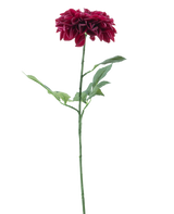 De Kunstbloem Dahlia Real Touch Paars 72 cm heeft een enkele paarse dahlia met gelaagde bloemblaadjes en een lange groene steel met verschillende bladeren, tegen een effen witte achtergrond.