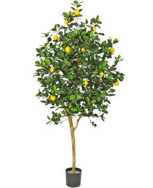 L'albero di limone artificiale da 150 cm ha un tronco marrone, foglie verdi e diversi limoni gialli in un vaso su uno sfondo bianco.