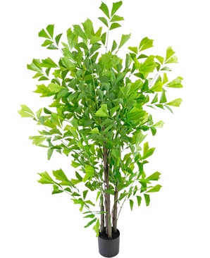 La palma artificiale a coda di pesce da 180 cm è un albero artificiale alto con molteplici tronchi marroni sottili e foglie dense e verde brillante, in un piccolo vaso nero su uno sfondo bianco.