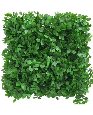De Kunsthaag Schefflera 50x50 cm UV heeft een dichte vierkante patch van kunstgroene bladeren, gerangschikt om een gestructureerd, bladerig oppervlak tegen een witte achtergrond te creëren.
