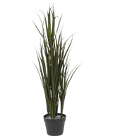 L'erba artificiale Bordeaux UV 90 cm è un'erba ornamentale alta e verde con foglie lunghe e sottili in un vaso di plastica nera, su uno sfondo bianco semplice.