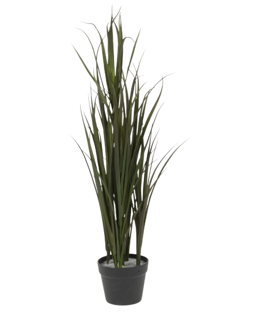 L'erba artificiale Bordeaux UV 90 cm è un'erba ornamentale alta e verde con foglie lunghe e sottili in un vaso di plastica nera, su uno sfondo bianco semplice.