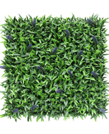 La Siepe Artificiale Lavanda 50x50 cm UV è un pannello quadrato di foglie artificiali di colore verde con mazzetti di fiori di lavanda viola, raffigurati dall'alto su sfondo bianco.
