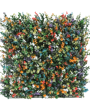 De Kunsthaag Buxus multi-color 50x50 cm UV is een vierkant paneel van dichte kunst buxus met kleine blaadjes en trosjes oranje, witte, rode, gele, paarse en blauwe bloemen op een groene kunststof rasterachtergrond.