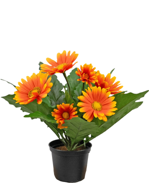 La pianta arancione Gerbera UV da 28 cm artificiale ha fiori artificiali simili a margherite arancioni e gialli con foglie verdi in un vaso nero, perfetti per illuminare qualsiasi spazio.