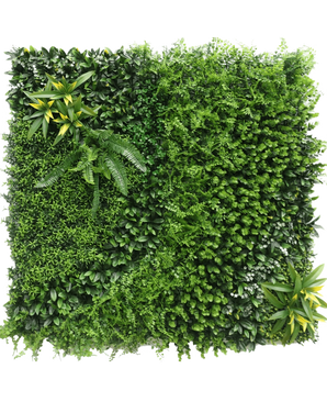 De Kunsthaag Crush 100x100 cm UV is een weelderig groene verticale tuin met dichte, bladerrijke planten en varens in verschillende texturen en groene tinten, gerangschikt in een vierkant patroon tegen een witte achtergrond.