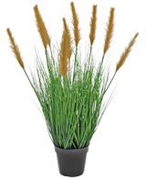 De Kunst Grasplant Struisriet 80 cm brandvertragend heeft lange, slanke groene sprieten en hoge bruine pluimen in een zwarte pot, tegen een witte achtergrond - ideaal voor kunstplantenliefhebbers.