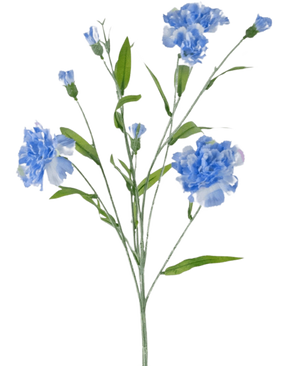 Il mazzo di fiori artificiali di garofani blu da 70 cm ha un gambo delicato con diversi fiori di garofani azzurri e foglie verdi, su uno sfondo bianco semplice.