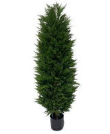 La pianta artificiale Conifera UV 180 cm è un albero sempreverde artificiale alto e stretto con foglie dense di colore verde scuro, raffigurate su uno sfondo bianco.