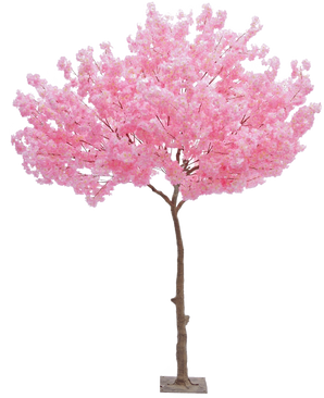De Kunstboom Kersenbloesem Roze 270 cm is een hoge kunstboom met een bruine stam en levendige roze bloesem, die lijkt op een kersenbloesem, die alleen tegen een witte achtergrond staat.