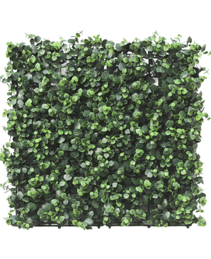 La siepe artificiale di eucalipto 50x50 cm UV è un pannello quadrato con foglie di eucalipto artificiale fitte, piccole e rotonde, fitte per un aspetto vibrante e naturale, perfetto per creare lussureggianti giardini verticali o pareti decorative all'interno o all'esterno.