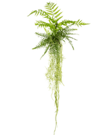 La pianta pensile artificiale Felce 90 cm ha foglie di felce verde lussureggiante con steli lunghi e pendenti che pendono su uno sfondo bianco semplice.