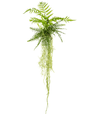 La pianta pensile artificiale Felce 90 cm ha foglie di felce verde lussureggiante con steli lunghi e pendenti che pendono su uno sfondo bianco semplice.