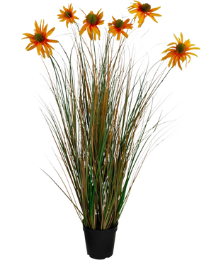 L'erba artificiale crisantemo cipolla vaso ignifugo da 90 cm ha foglie alte, verdi e marroni simili a erba con sette fiori di margherita artificiale arancione in un vaso nero, su uno sfondo bianco.
