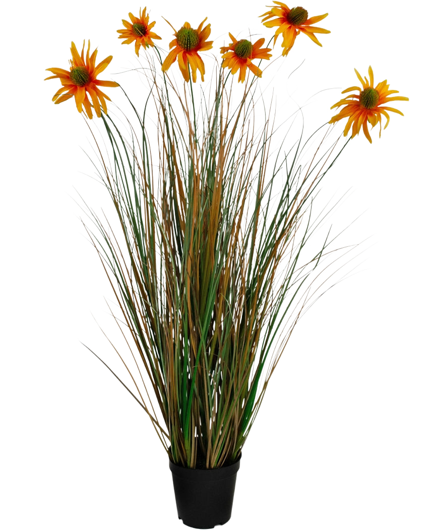 L'erba artificiale crisantemo cipolla vaso ignifugo da 90 cm ha foglie alte, verdi e marroni simili a erba con sette fiori di margherita artificiale arancione in un vaso nero, su uno sfondo bianco.