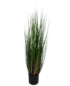 L'erba artificiale cipolla 90 cm ignifuga è un'erba ornamentale in vaso con foglie verdi lunghe e sottili con sfumature rosso-viola alla base, su uno sfondo bianco.