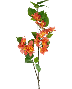De Kunsttak Bougainvillea 81 cm perzik heeft een enkele steel met trossen perzikoranje en gele bloemen, aangevuld met groene bladeren, tegen een witte achtergrond.