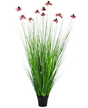 La pianta di erba artificiale crisantemo ignifuga da 150 cm ha foglie verdi lunghe e sottili simili a erba e lunghi steli con fiori rosa simili a margherite, presentati in un vaso su un semplice sfondo bianco.