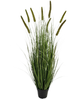 De Kunstgras Cattail Uiengraspot 120cm brandvertragend is een siergras in pot met lange, dunne groene sprieten en meerdere hoge, rechtopstaande zaadhoofden, tegen een effen witte achtergrond.
