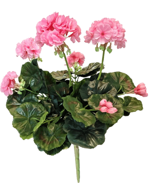 Il geranio artificiale rosa da 40 cm ha fiori rosa e foglie verdi rotonde su lunghi steli, che mostrano la bellezza di una pianta rosa artificiale o di un geranio finto su uno sfondo bianco.