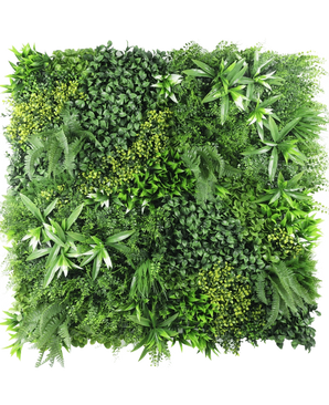 La siepe artificiale Freshness 100x100 cm UV è un pannello quadrato densamente ricoperto di varie foglie verdi, con diverse forme e texture delle foglie per creare un rigoglioso e vibrante giardino verticale su uno sfondo bianco.
