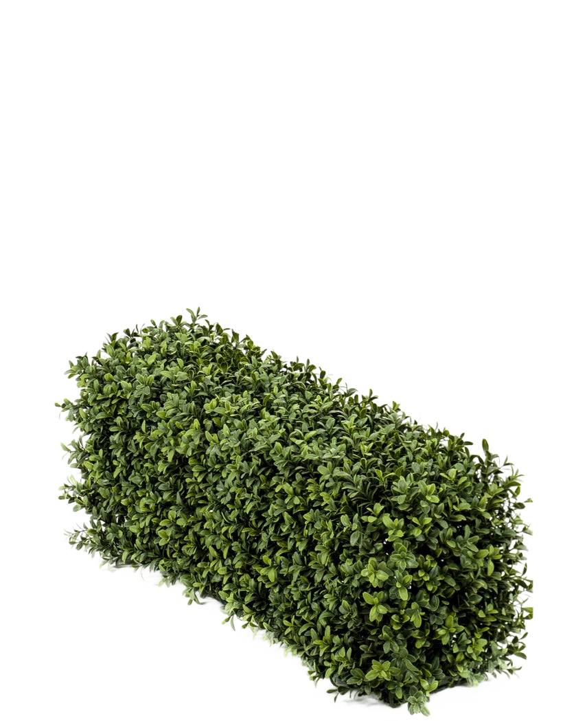La siepe di bosso artificiale UV 70x20x25 cm è un arbusto di bosso artificiale denso e rettangolare con piccole foglie verdi su uno sfondo bianco a tinta unita.