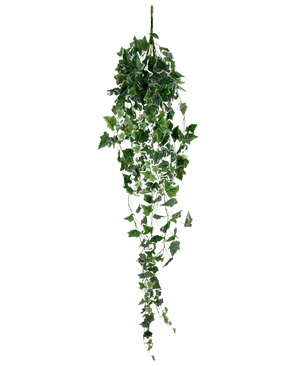 L'edera artificiale verde/bianca da 130 cm è una pianta di edera artificiale pendente con lunghe foglie verdi pendenti e bordi bianchi, raffigurata su un semplice sfondo bianco.