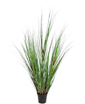 La pianta erba artificiale cipolla 120 cm ignifuga ha lame verdi lunghe e sottili con accenti rosso-marroni, presentate in un vaso su uno sfondo bianco semplice.