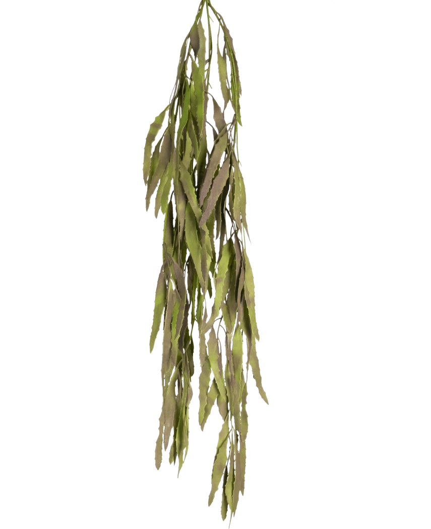 La pianta artificiale pensile Aloe Vera 102 cm ha foglie verdi lunghe e strette con bordi seghettati che cadono su uno sfondo bianco semplice.