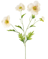 Een botanische illustratie van de Kunst Klaproos Real Touch Crème/geel 65cm toont een groene steel met delicate crème en gele klaproosbloemen en weelderige groene bladeren tegen een effen lichte achtergrond.