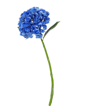 Il Fiore Artificiale Charlotte Hydrangea Real Touch blu scuro è una singola ortensia artificiale di colore blu con stelo e foglie verdi, alta 55 cm, isolata su sfondo bianco.