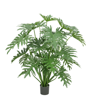 De Kunstplant Philodendron 125 cm heeft weelderige, glanzende, gespleten bladeren en is in pot afgebeeld tegen een effen witte achtergrond.