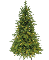 L'albero di Natale artificiale "Vinje" 100% PE - Smart LED è un albero di Natale artificiale verde con aghi in PE e piccole luci bianche calde su un supporto in metallo nero, che offre un aspetto realistico su uno sfondo bianco semplice.