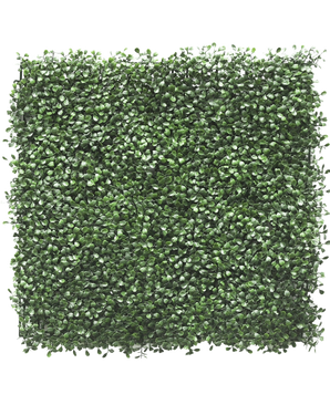 De Kunsthaag Buxus 50x50 cm UV heeft dicht opeengepakte kunstgroene bladeren en creëert zo een weelderige haag of verticale tuinlook, perfect om elke ruimte op te fleuren.