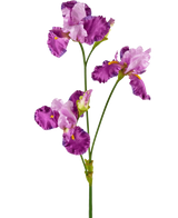De Kunstbloem Iris 102 cm paars heeft een lange groene steel versierd met verschillende levendige paarse en witte irisbloemen, elk met ruches op de bloemblaadjes en gele accenten, tegen een effen witte achtergrond.
