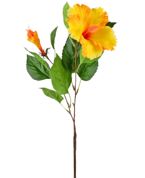 Il fiore artificiale di ibisco giallo da 64 cm ha un unico stelo con vivaci fiori di ibisco gialli e foglie verdi, raffigurati su uno sfondo bianco.
