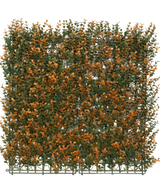 La siepe artificiale Buxus arancione 50x50 cm UV è un pannello artificiale quadrato con fogliame verde e arancione su griglia in plastica, ideale come siepe decorativa o schermo privacy, qui mostrato su sfondo bianco a tinta unita.