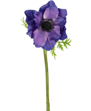 Kunstbloem Anemone 43 cm paars heeft een donkere kern, delicate groene bladeren en een lange groene staal-de perfecte paarse kunstbloem als decoratieve toevoeging aan je interieur.