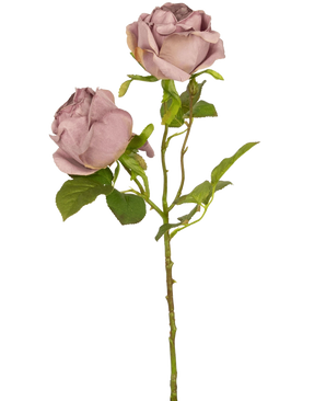 Una singola rosa artificiale Deluxe con stelo viola da 55 cm con due rose color malva polveroso e foglie verdi, su uno sfondo bianco semplice.