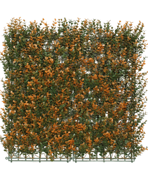 De Kunsthaag Buxus oranje 50x50 cm UV is een vierkant kunstpaneel met groen en oranje gebladerte op een kunststof rooster, ideaal als decoratieve haag of privacyscherm, hier afgebeeld tegen een effen witte achtergrond.