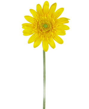Il fiore artificiale Gerbera giallo 53 cm è una singola margherita artificiale gialla con un cuore verde e un lungo stelo verde, su uno sfondo bianco a tinta unita.